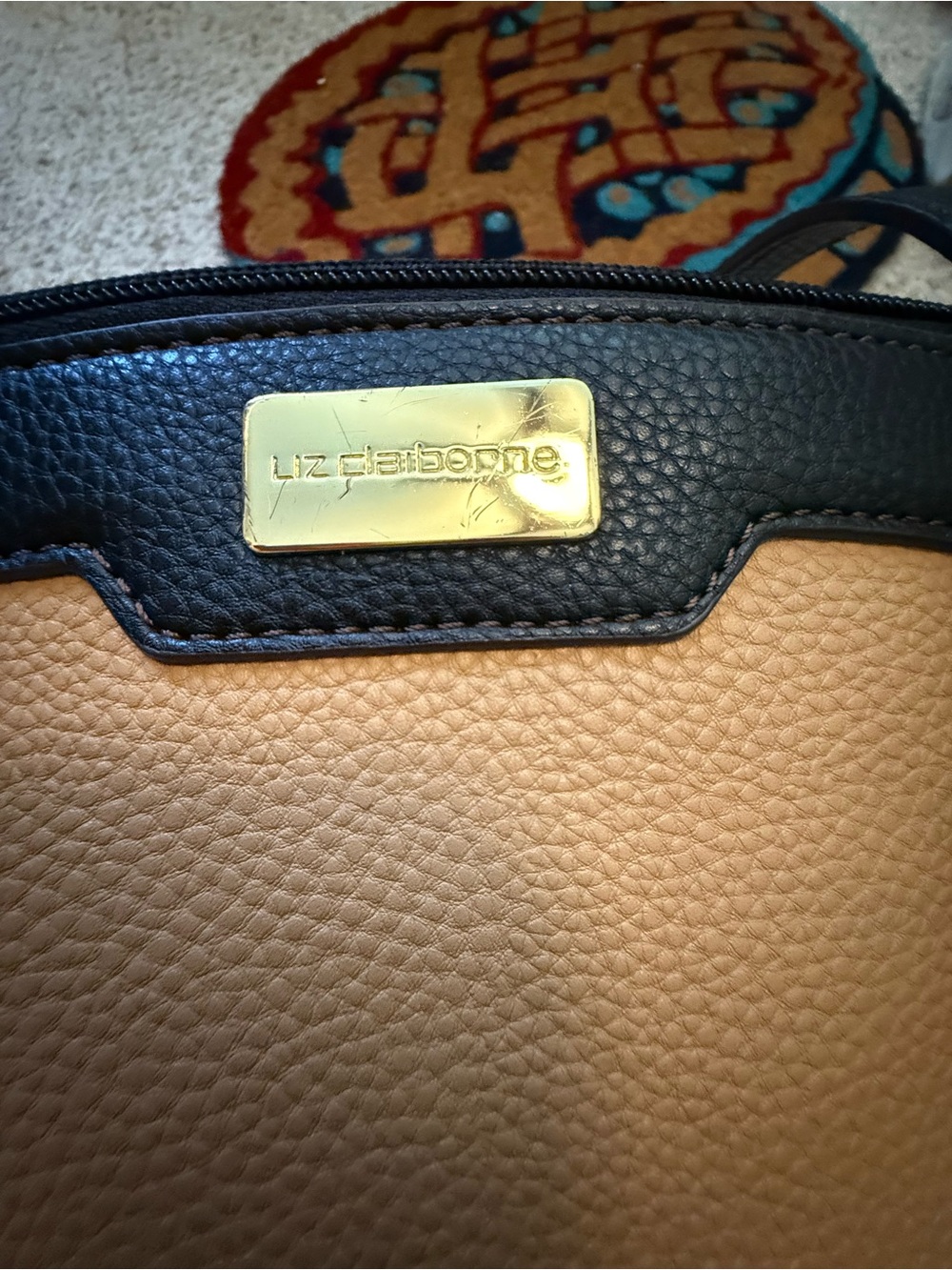 VINTAGE Liz Claiborne Black and Tan Pebbled Shoulder Tote with Gold Plate
